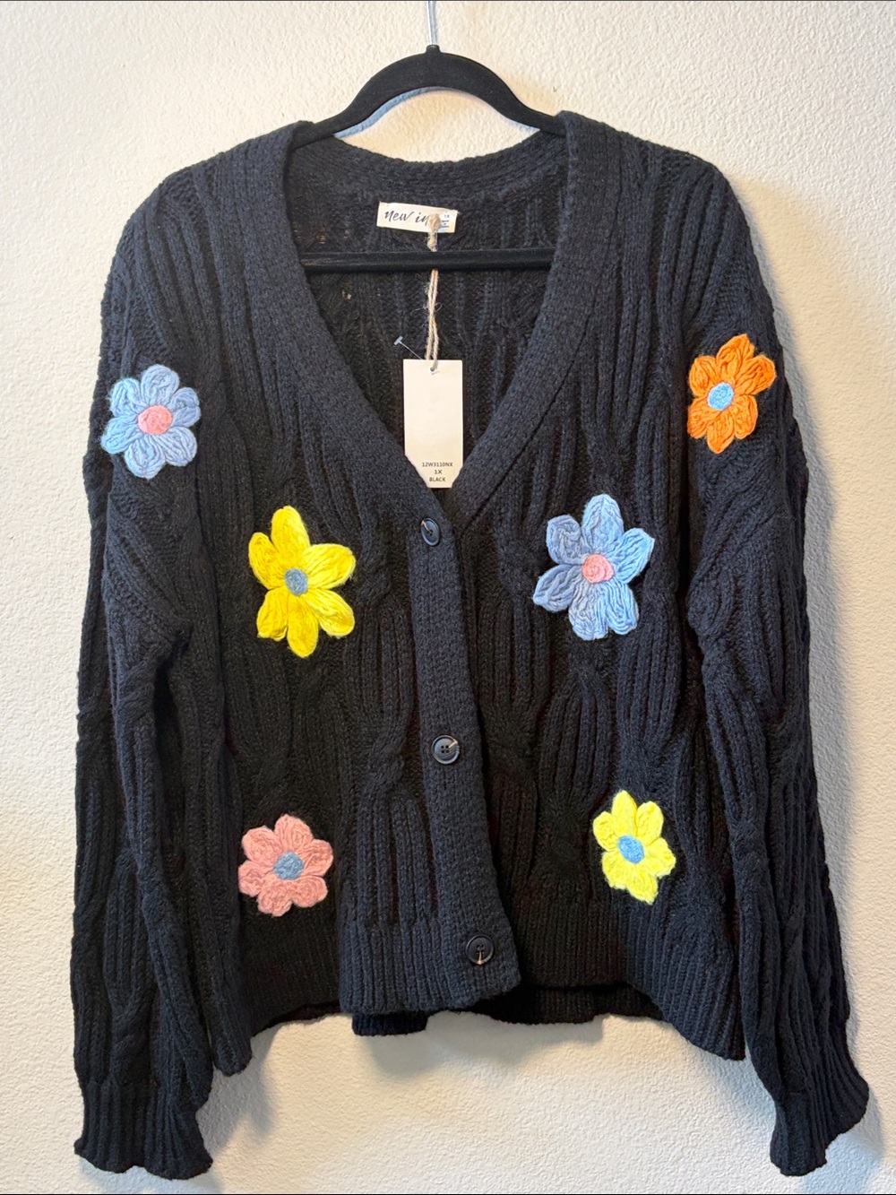 Knit Floral-Applique Black Cable Cardigan NWT